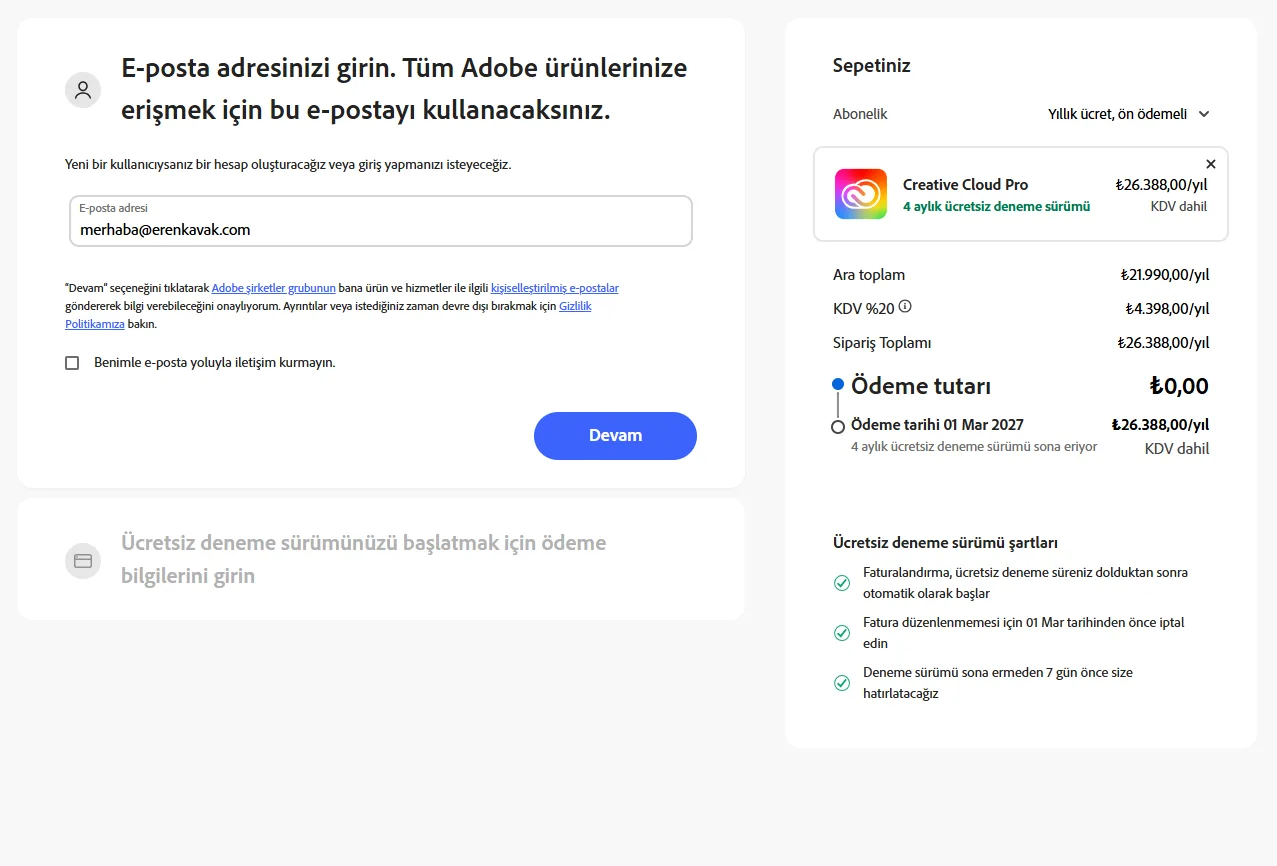 Adobe Creative Cloud ücretsiz deneme sayfası: e-posta adresi alanı ve sağda 4 aylık ücretsiz deneme yazan sepet