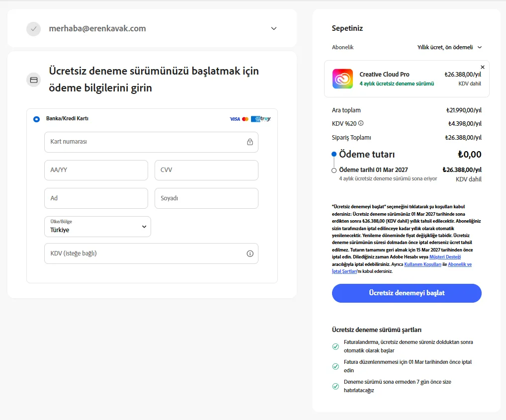 Adobe ödeme ekranı: kart bilgileri, ülke olarak Türkiye ve sepette ödeme tutarı 0 TL