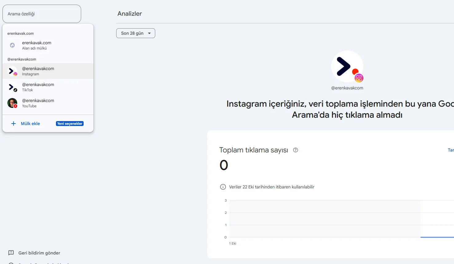 Search Console Instagram, TikTok ve YouTube platform mülkleri: mülk seçicide sosyal medya hesapları