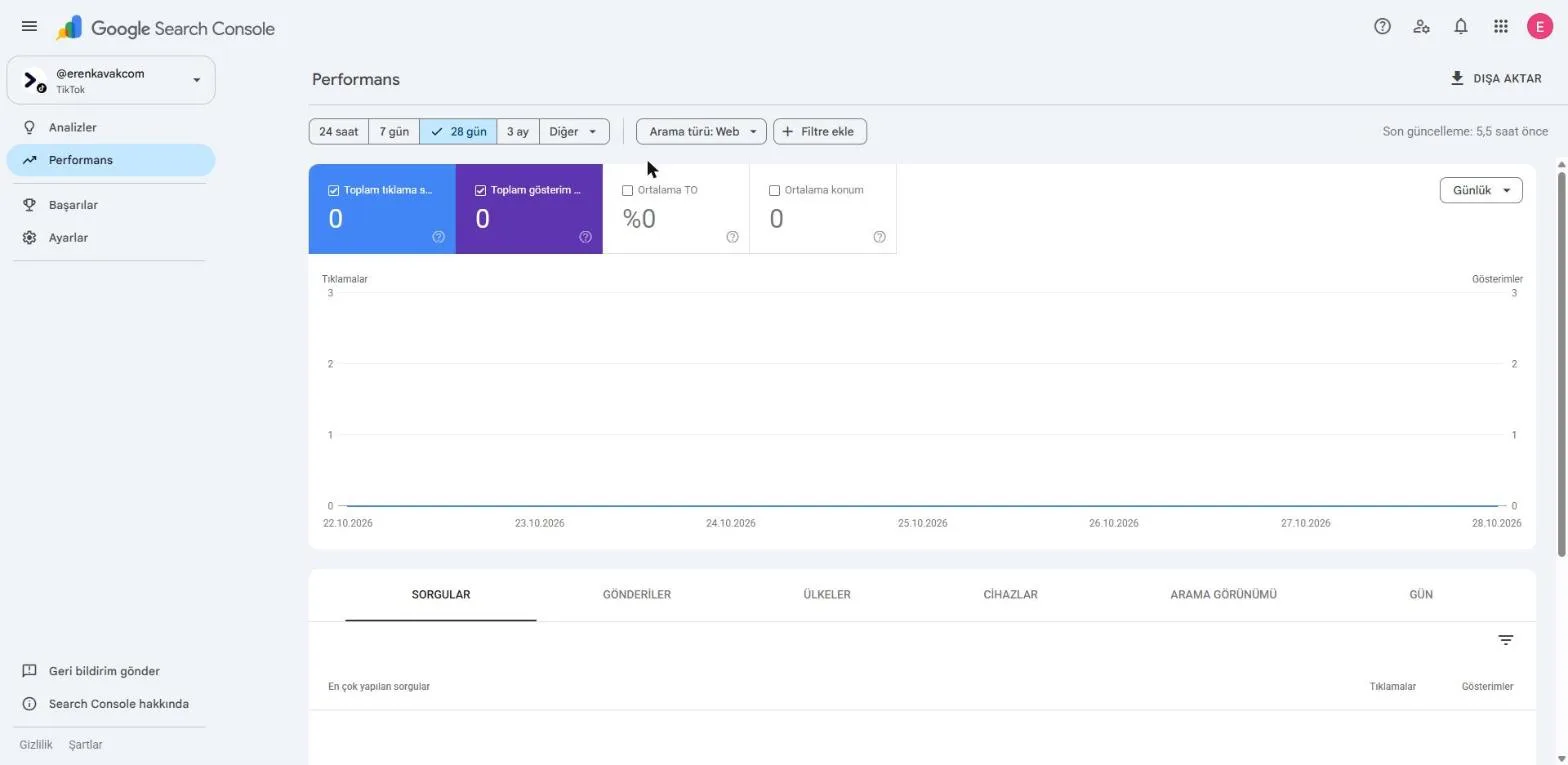 Search Console performans raporu: toplam tıklama, gösterim, tıklama oranı ve sorgular